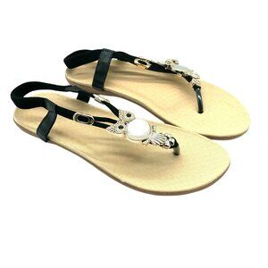 Womens Thong Sandals Ankle Strap Owl Rhinestones Black Size 40 US 8